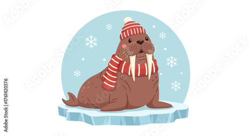Adorable walrus wearing winter hat and scarf sitting on iceberg amid snowflakes, perfect for children's books, holiday cards, or winter themed promotions