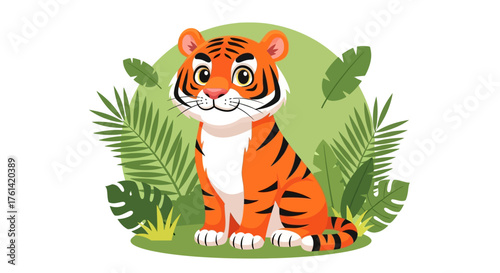 Adorable cartoon tiger cub sitting sweetly among lush jungle foliage, perfect for children's books or educational animal content with playful jungle vibes