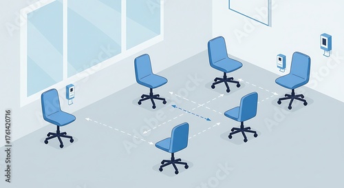 Office waiting room with socially distanced chairs for safety.