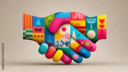 intercultural business communication design. Abstract colorful handshake composed of geometric shapes and patterns