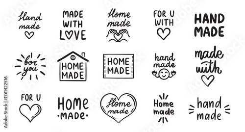 vintage old style hand made and made with love labels writings set. Hand drawn doodle outline drawing hand made line clipart symbol