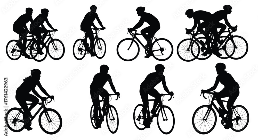 Obraz premium Vector illustration of silhouettes of cyclists riding bicycles