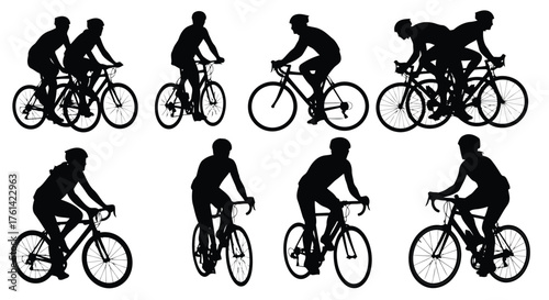 Vector illustration of silhouettes of cyclists riding bicycles