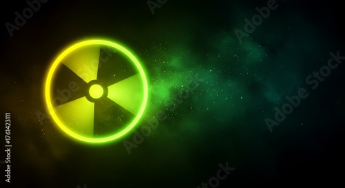 Radioactive Symbol Glowing Neon Green and Yellow on Dark Background with Smoke.