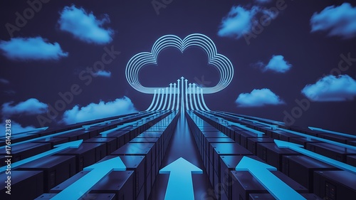 Abstract futuristic concept of high-speed data streams on a digital highway uploading information to a cloud network