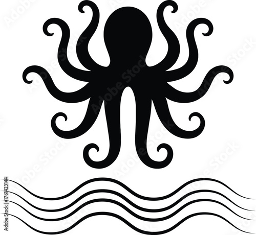 Dark octopus silhouette emerging from stylized ocean waves graphic art vector