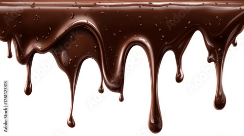 A chocolate drizzle is falling down a white background