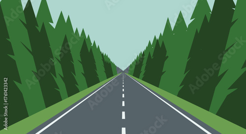 Road Leading to Horizon Through Dense Forest Illustration