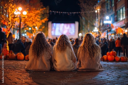 Friends experience magical outdoor movie night with festive pumpkins and autumn lights creating cozy fall vibes