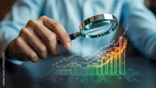 A business analyst using a magnifying glass to scrutinize a digital stock market graph for insights and growth
