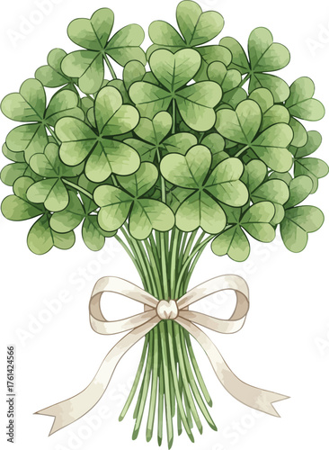 St. Patrick's Day Good Luck Clover Bunch Illustration- Lush Shamrock and Clover Bouquet Tied with Ribbon Vector