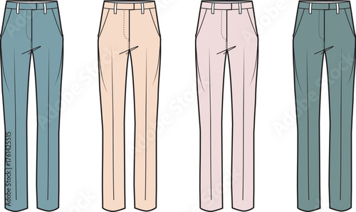 Fashion illustration of four pairs of women's dress pants in different colors, presented in a clean, flat vector style