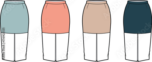 Women's skirt over pants fashion flat technical drawing set. Apparel design concept with a colorful vector template for clothing manufacturing