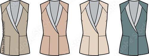 Stylish collection of women's sleeveless blazer vests, showcasing contemporary fashion designs in diverse elegant color variations, perfect for professional and smart casual attire