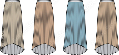 Fashion design template featuring a collection of elegant pleated midi skirts in various colors, perfect for modern clothing design and versatile style concepts and apparel creation