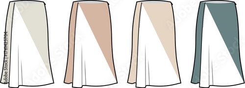 Set of women's long skirts with an asymmetrical color block design shown in multiple colorways. Vector fashion flat technical drawing template for apparel