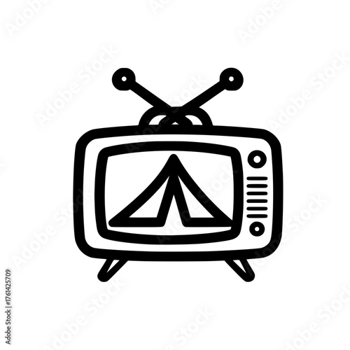 Tent icon inside classic television screen in retro style with vintage camping theme illustration