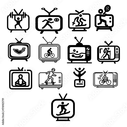 Activity icon set inside classic television featuring weightlifting volleyball basketball cycling yoga and ski