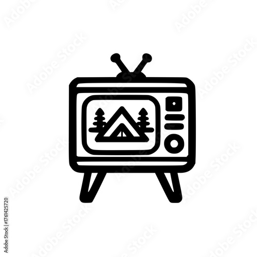 Camping tent icon in retro television style with nostalgic screen illustration for adventure concept