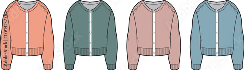 Fashion Flat Sketch Collection Vector Illustrations of Classic Women's Bomber Jackets in Multiple Trendy Colors for Apparel Design and Product Development Mockups