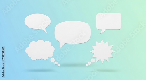 Inspire communication and ideas with these versatile white speech and thought bubbles floating on a soft blue and green gradient background, perfect for creative concepts.