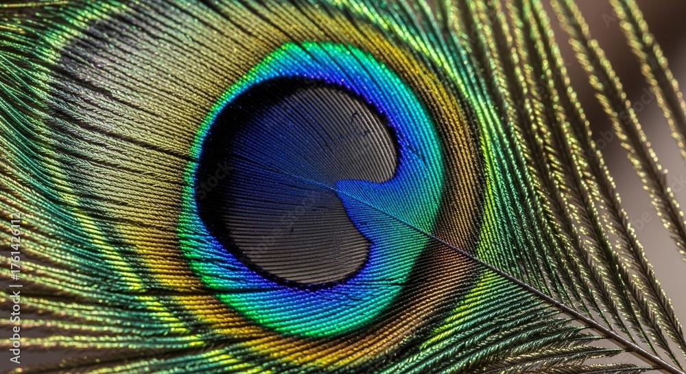 Obraz premium Stunning close-up reveals the intricate, iridescent beauty of a peacock feather's eye, showcasing vibrant blues, greens, and golds in exquisite detail.