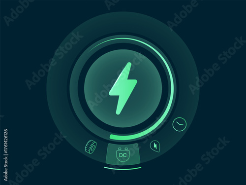 Electric Vehicle battery charging Interface with neon green lightning bolt symbol in Circular Menu ev car charging vector design concept. Battery charging dashboard for ui, website, infographic.