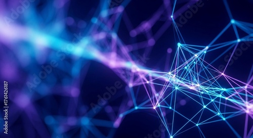 Stunning abstract network of glowing blue and purple lights connects nodes in a futuristic digital space