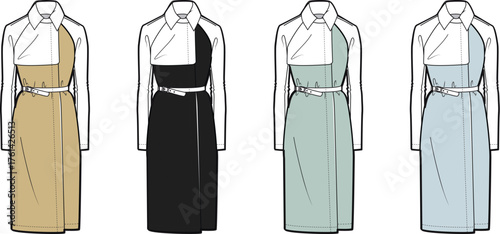 Elegant Trench Dress Variations in Beige, Black, Green, and Blue Fashion Illustration