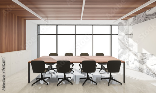 Modern office conference room interior with large transparent window, realistic 3D Rendering style, white background, minimal design template concept