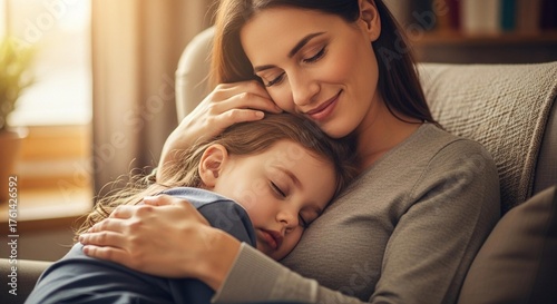 Loving mother gently cradles sleeping child, capturing a tender moment of pure maternal affection and peaceful rest bathed in warm sunlight.