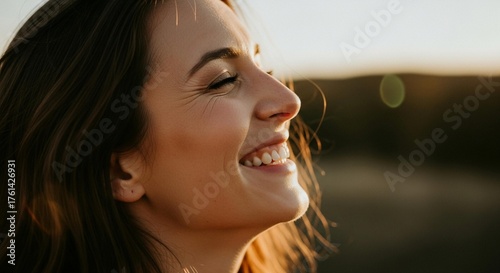 Radiant young woman laughing joyfully outdoors at sunset, feeling pure happiness and inner peace with sun-kissed skin.