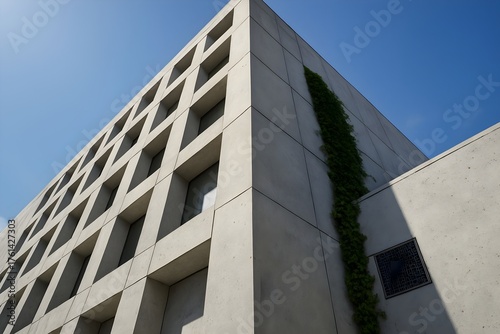 Wallpaper Mural Modern concrete building with geometric windows and vibrant green ivy against a clear blue sky. Torontodigital.ca