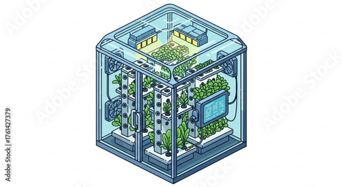 Isometric illustration of a hydroponic farm inside a transparent cube, featuring plants, grow lights, and a control panel.