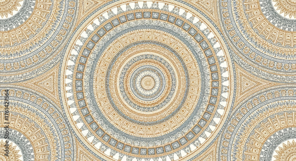 Fototapeta premium Intricate concentric circles pattern with beige, gray, and white colors, creating a detailed and symmetrical design.