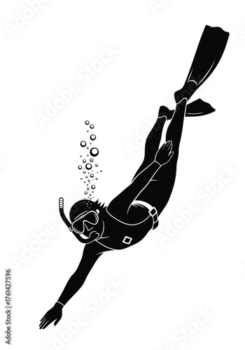 Vector illustration of silhouette of a free diver swimming underwater with bubbles
