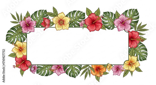 Rectangular frame adorned with colorful hibiscus flowers and tropical monstera leaves.