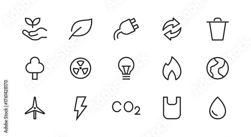 electric power clean energy green. icons CO2, solar geothermal wind energy, hydropower net zero, co2 eco, biofuel biomass, Friendly Power ecological environmental line editable stroke icon set vector
