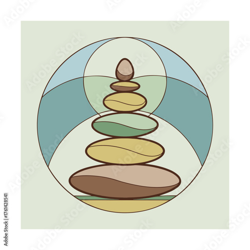 Abstract Zen Stones Stacked Within Geometric Circle Design Keywords: stack, stones, zen, balance, meditation, spa, wellness, harmony, peace