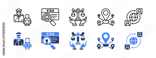 Security, Identification, Human rights, Mobility, Worldwide with two styles, line and duotone icon.