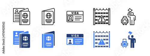 Immigration, Passport, Visa, Border, Immigrant with two styles, line and duotone icon.