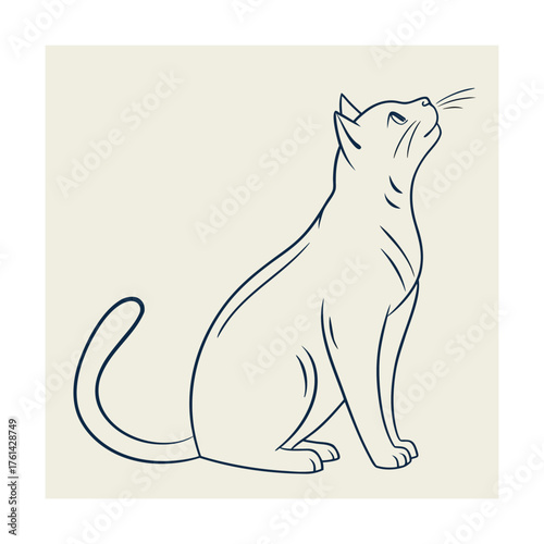 Elegant Line Art Cat Silhouette Looking Upwards on Cream Background feline animal