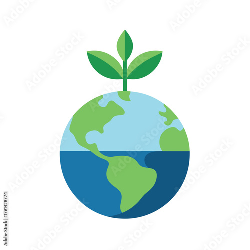 Flat design of earth with plant and blue water on white background globe planet