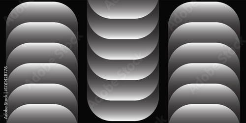 Modern abstract composition featuring a symmetrical arrangement of gradient-filled semicircles and circles on a black background. The grayscale gradient gives a soft, 3D illusion