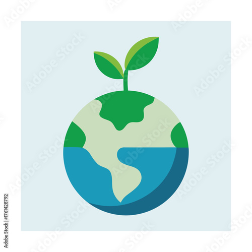 Flat design of earth with plant and blue water on light blue background globe planet