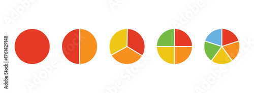Circle division infographic colorful icon set. Infographic wheel segment and fraction. Pie chart divided equal parts. Color round diagram.