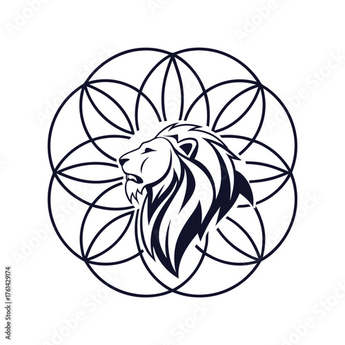 Lion Head Emblem with Seed of Life Geometric Pattern in Dark Blue logo symbol