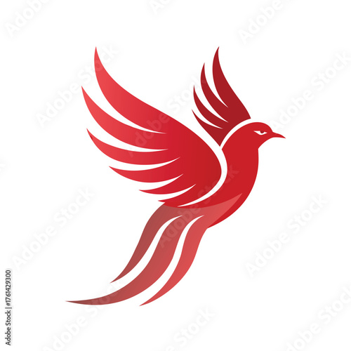 Red Gradient Bird Silhouette with Flowing Wings and Tail on White vector illustration