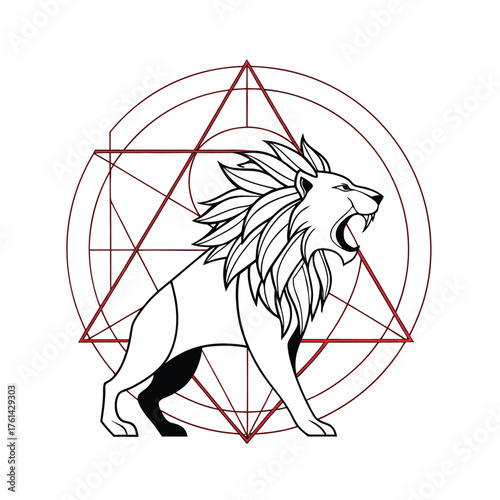 Roaring Lion Illustration with Geometric Sacred Geometry Symbols in Red and Black