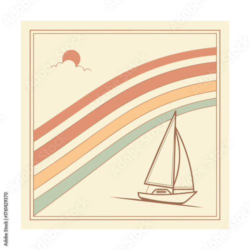 Sailboat on Water with Retro Rainbow and Sun Illustration Keywords: sailboat, boat, sailing, water, sea, ocean, rainbow, retro, vintage, sun